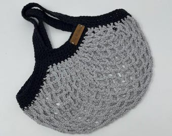 Handmade Small Crochet Market Bag | Gray & Black Cotton Grocery Tote