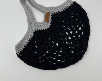 Handmade Crochet Cotton Market Bag | Black & Gray Reusable Shopping Tote