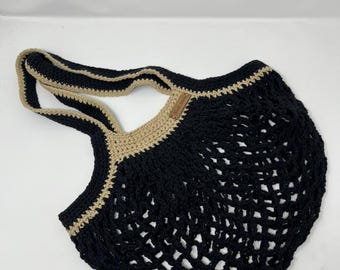 Large Black Crochet Market Bag | Handmade Cotton Tote