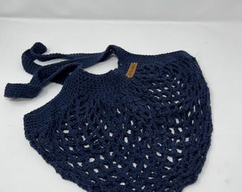 Large Blue Crochet Market Bag | Handmade Cotton Shopping Tote
