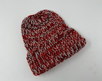 Handmade Chunky Knit Beanie | Unisex Red Speckled Double Brim