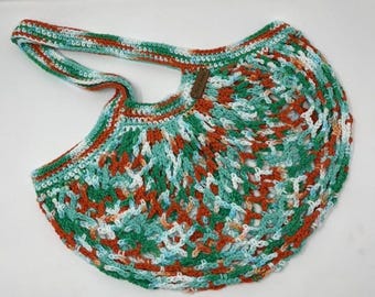 Handmade Crochet Market Bag | Green & Orange Cotton Shopping Tote