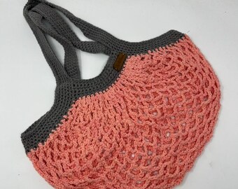 Large Pink & Gray Crochet Market Bag | Handmade Cotton Shopper