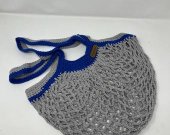 Large Gray and Blue Crochet Market Bag | Handmade Cotton Grocery Tote