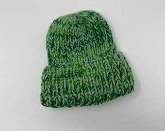 Handmade Chunky Knit Beanie | Green Speckled Double Brim