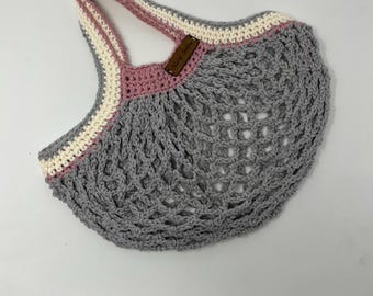 Handmade Gray Crochet Market Bag | Small Reusable Cotton Grocery Tote
