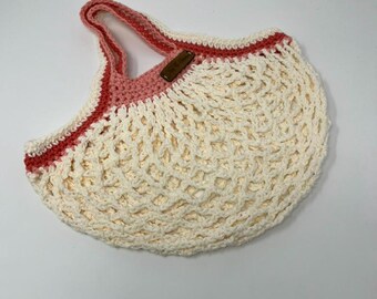 Handmade Cotton Crochet Market Bag | Small Pink & White