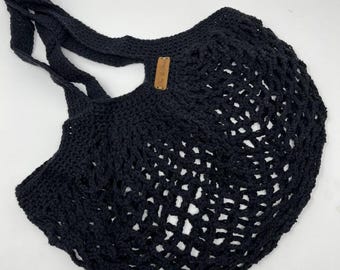 Handmade Black Crochet Market Bag | Reusable Cotton Shopping Tote