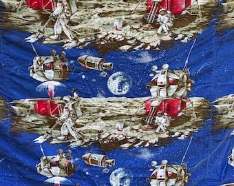 Vintage 1969 Apollo 11 Moon Landing Twin Coverlet Pillowcase Set | Space Age Novelty Bedding