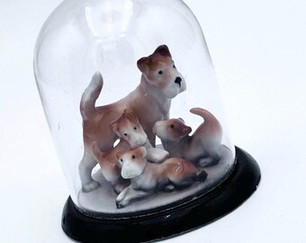 Miniature Terrier Dog Figurines In Glass Cloche Dome German Signed Numbered Vtg