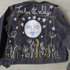 Hand painted hippie boho Fleetwood Mac quote full moon denim jacket