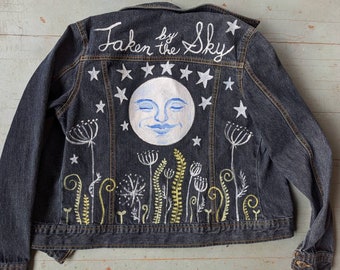 Hand painted hippie boho Fleetwood Mac quote full moon denim jacket