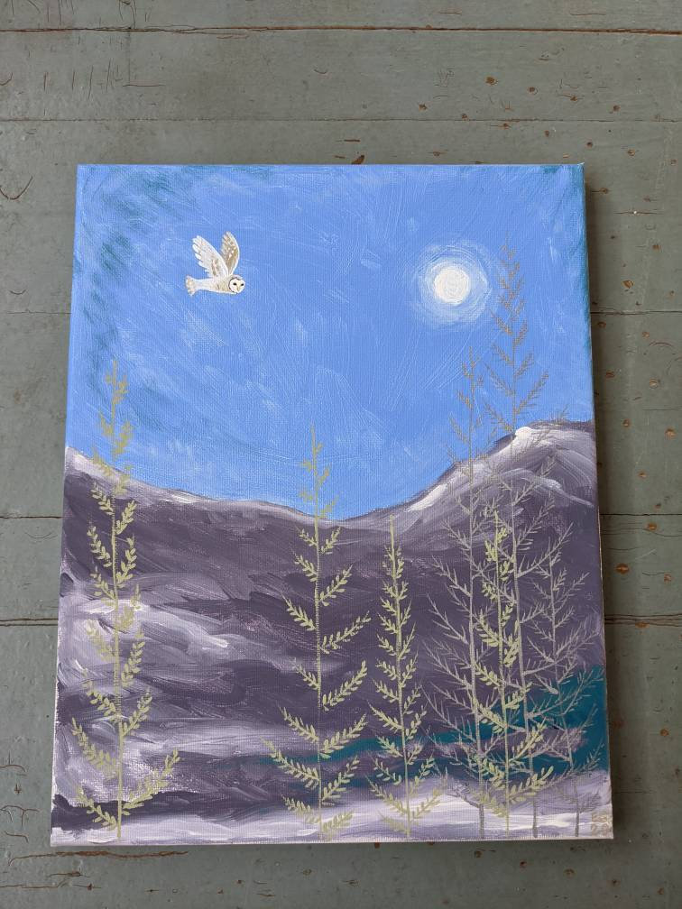 Original painting, barn owl and moon