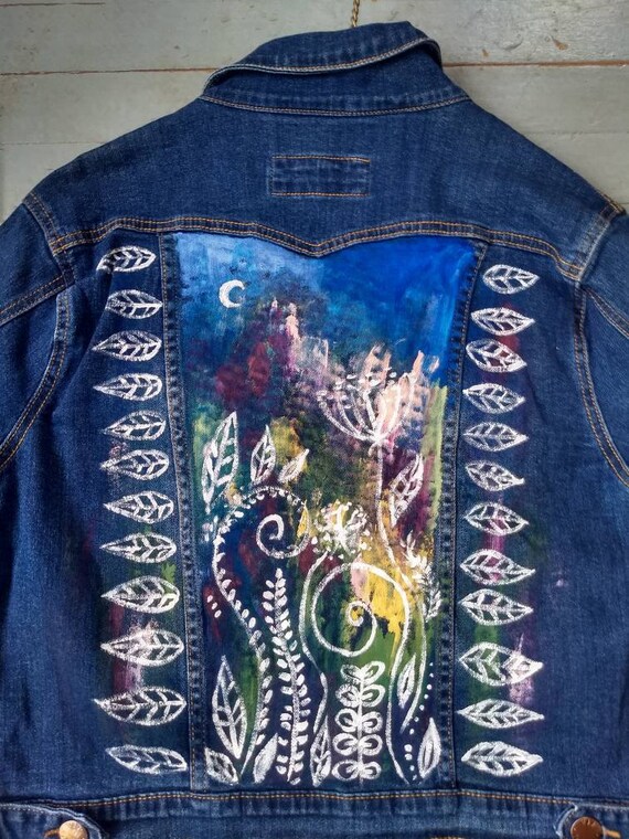 Hand Painted Upcycled Jean Jacket Moon Garden - Etsy