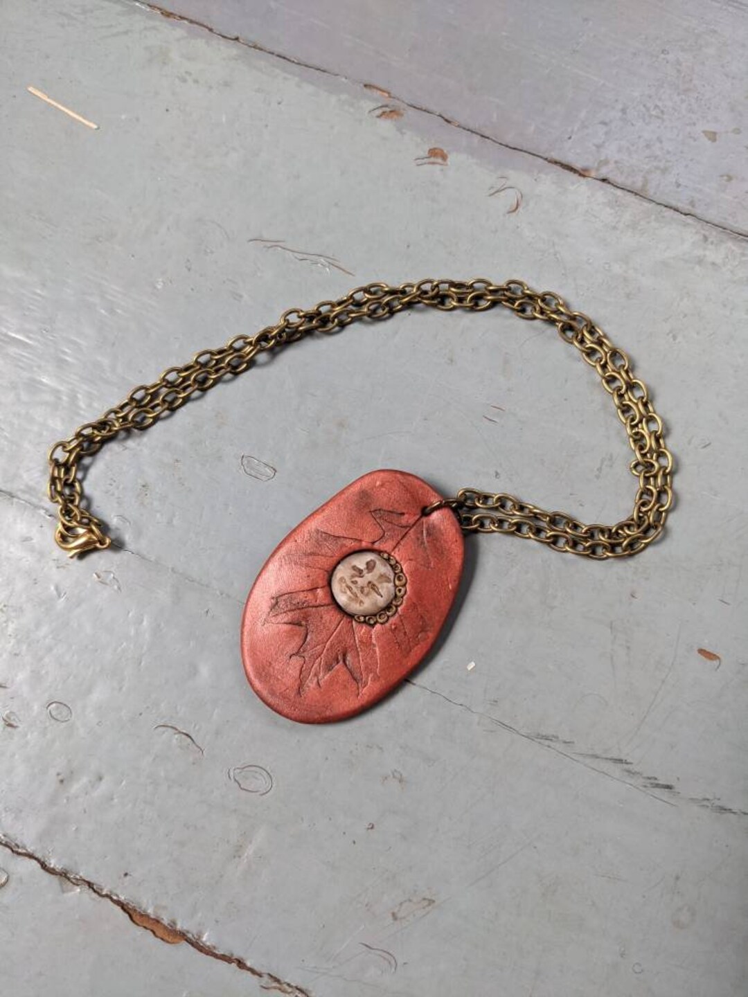 Handmade Polymer Clay Oak Leaf and Mini Moon Face Pendant - Etsy