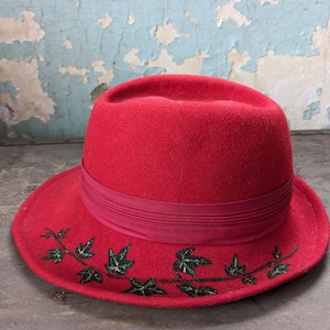Hand painted vintage red wool Christmas hat