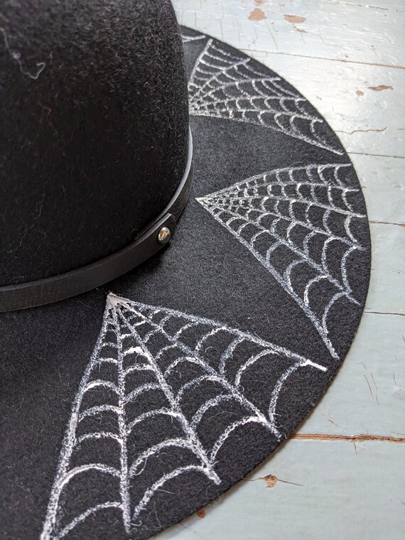 Hand Painted Spider Web Floppy Brimmed Black Felt Hat - Etsy display picture 1