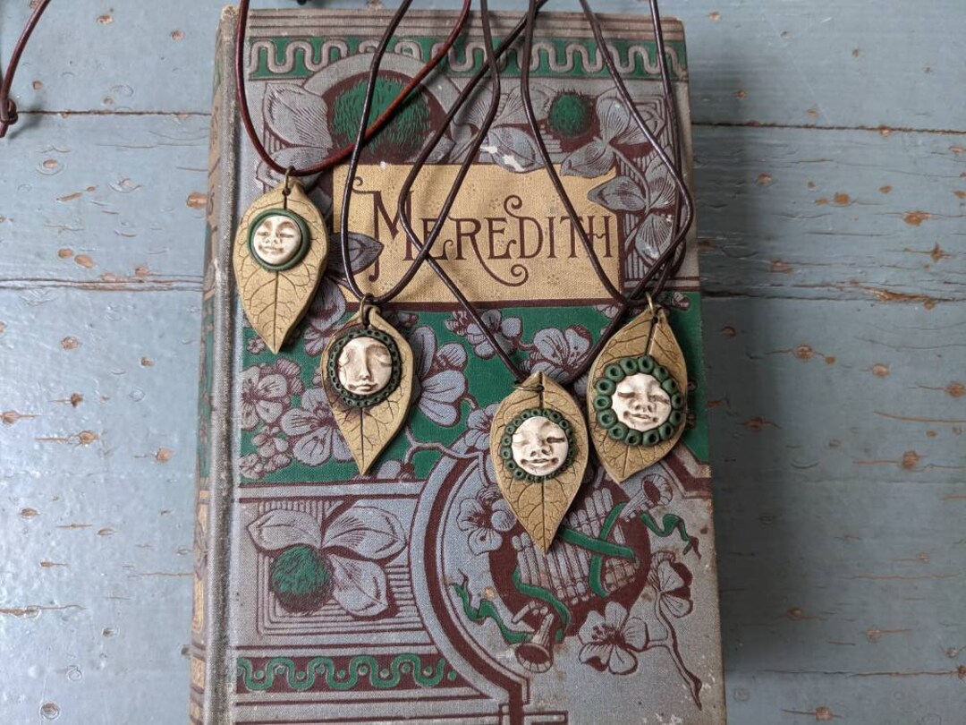 Golden Leaf and Full Moon Face Polymer Clay Pendant Necklace - Etsy