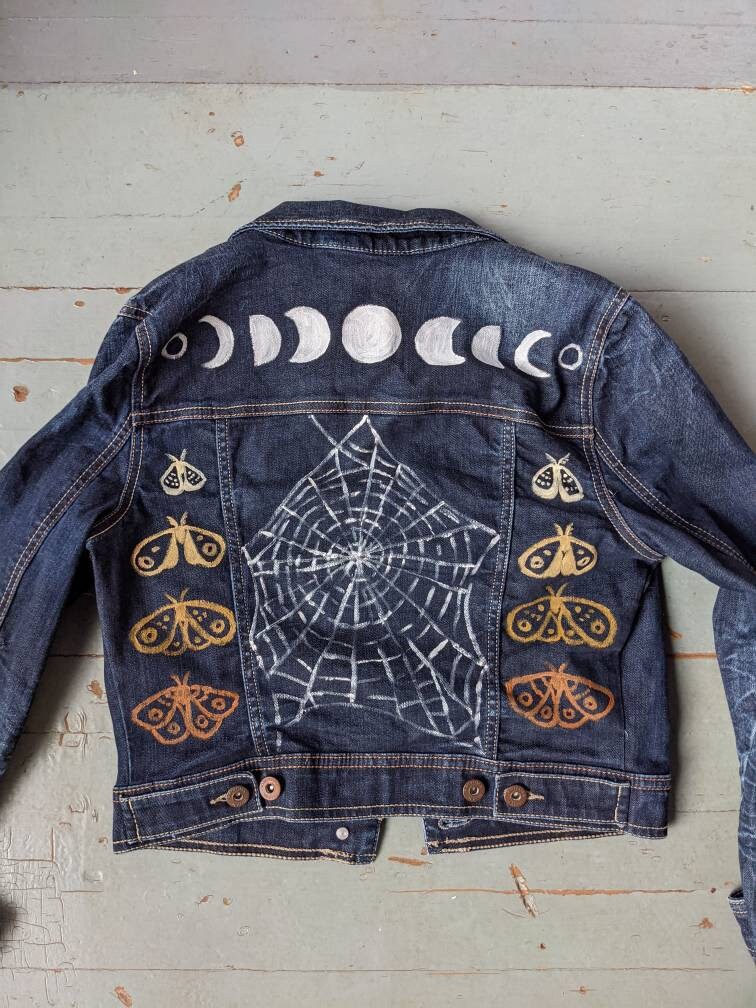Hand Painted Original Moth and Spiderweb With Phases of the Moon