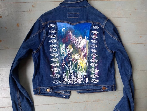 Hand Painted Upcycled Jean Jacket Moon Garden - Etsy