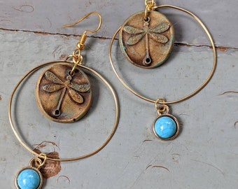 Vintage patina dragonfly and turquoise drop dreamcatcher hoop earrings