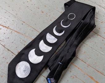 Phases of the moon hand painted upcycled necktie