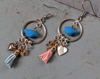 Handmade polymer clay bluebird of happiness asymmetrical chandelier charm earrings