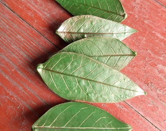 Green and gold handmade polymer clay leaf brooch pin, tree nature jewelry