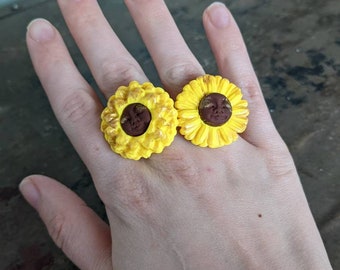 Handmade polymer clay sunflower fairy face statement ring