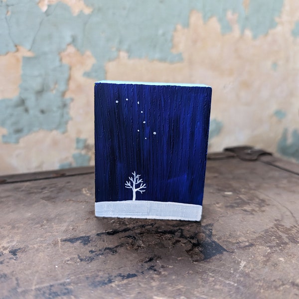 Hand painted miniature winter tree and moon art