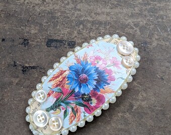 Vintage style cornflower bachelor button and pearl hair clip