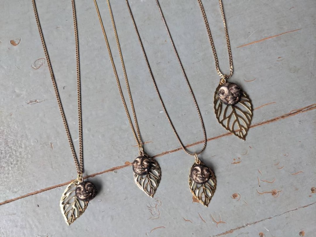 Handmade Polymer Clay Full Dark Moon Face and Skeleton Leaf Necklace - Etsy