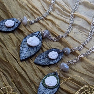 Handmade Polymer Clay Full Moon Face and Silver Leaf Pendant With ...