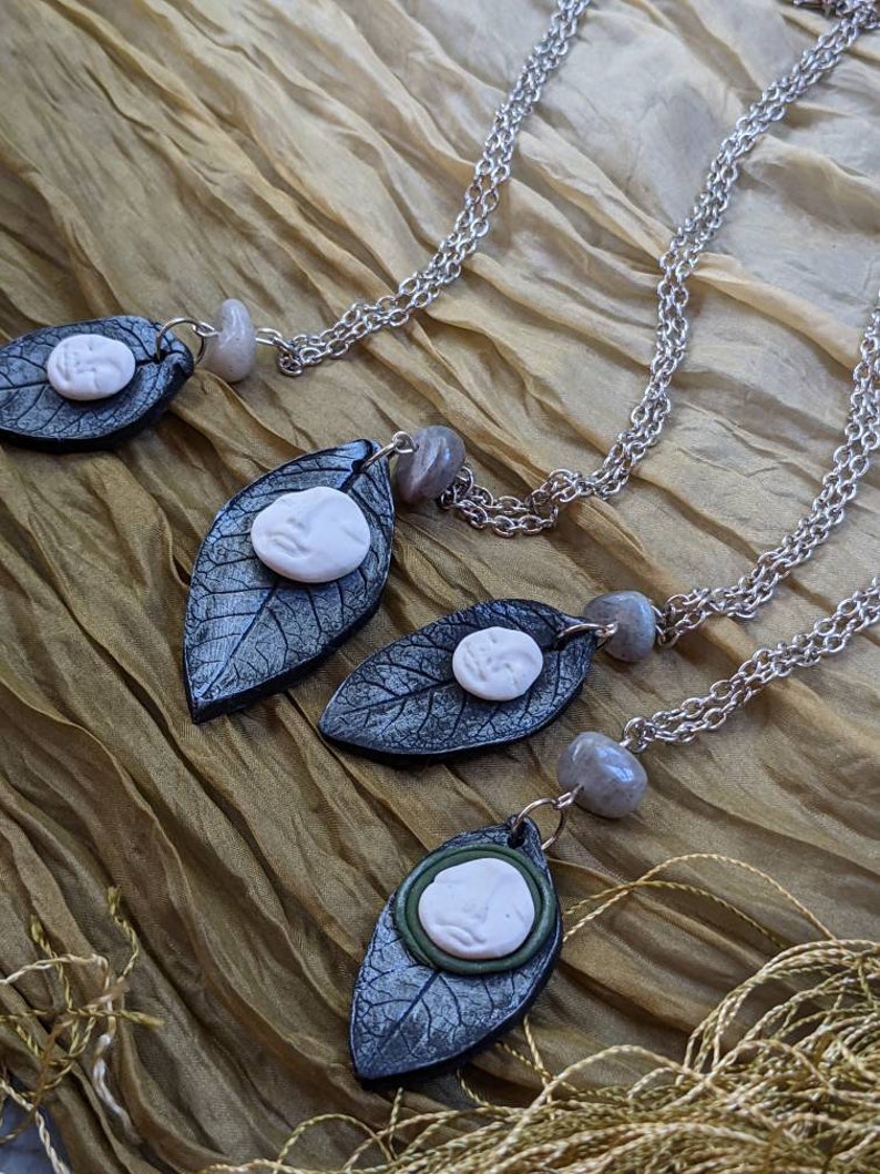 Handmade Polymer Clay Full Moon Face and Silver Leaf Pendant With ...