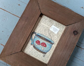 Arte de collage de taza de té de setas original enmarcado