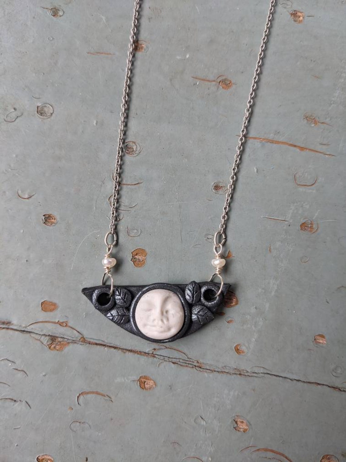 Handmade Polymer Clay Full Moon Face and Leaf Armor Necklace - Etsy