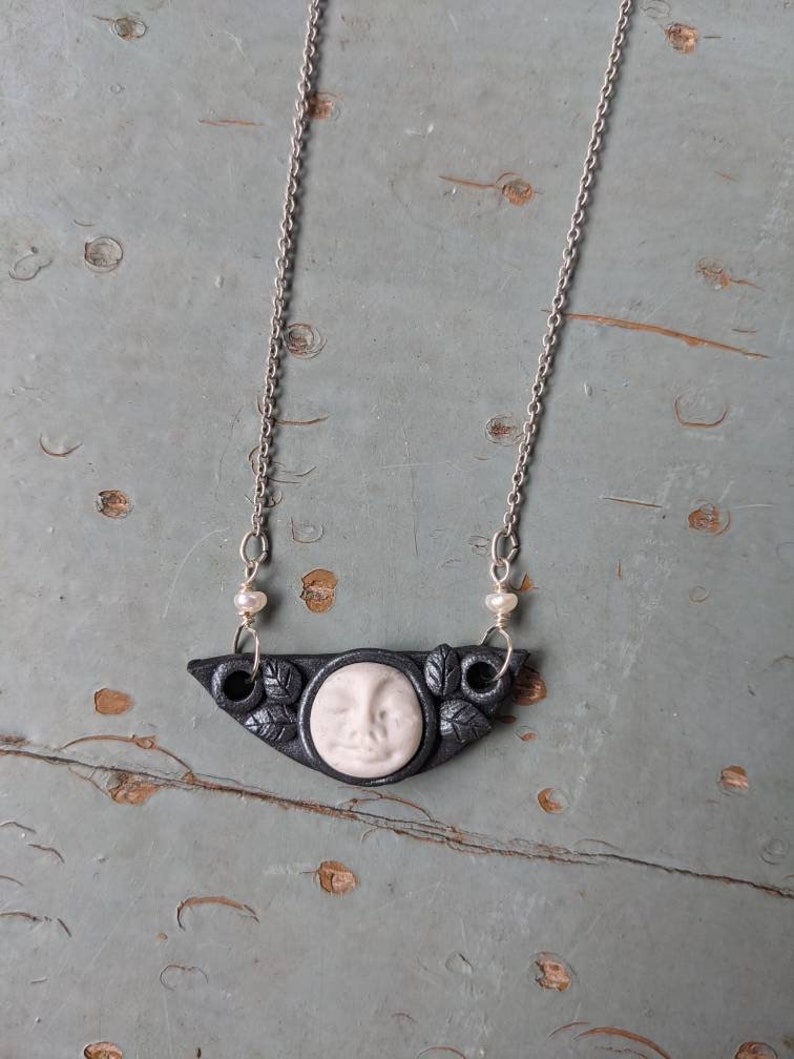 Handmade Polymer Clay Full Moon Face and Leaf Armor Necklace - Etsy