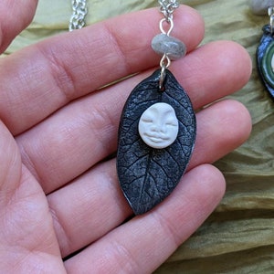 Handmade Polymer Clay Full Moon Face and Silver Leaf Pendant With ...