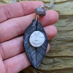 Handmade Polymer Clay Full Moon Face and Silver Leaf Pendant With ...