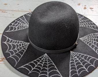 Hand painted spider web floppy brimmed black felt hat