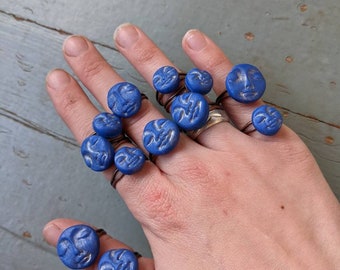 Handmade polymer clay full blue moon face stacking ring