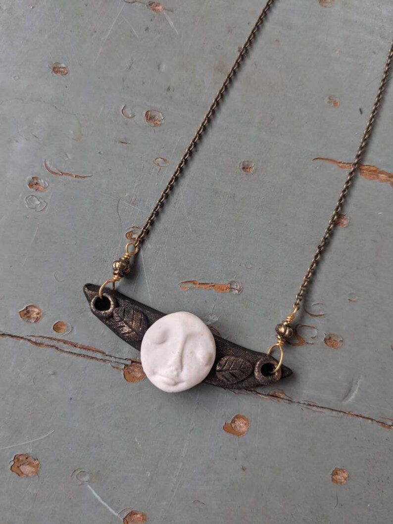 Handmade Polymer Clay Magical Full Moon Face and Leaf Pendant - Etsy