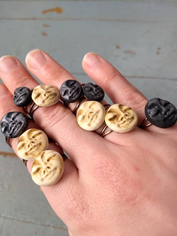 Handmade polymer clay full moon face ring