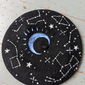 Hand painted celestial wool beret hat