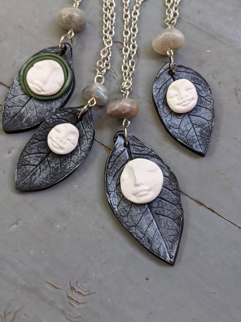 Handmade Polymer Clay Full Moon Face and Silver Leaf Pendant With ...