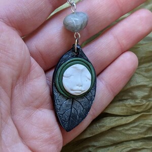 Handmade Polymer Clay Full Moon Face and Silver Leaf Pendant With ...