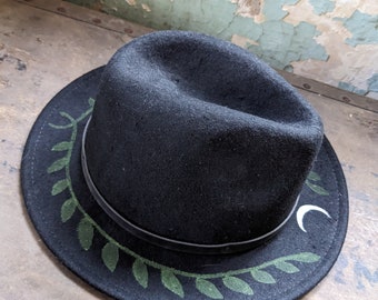 Hand painted leaf and moon felt hat