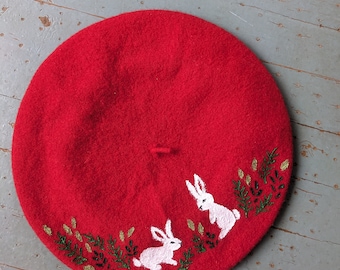 Hand painted snow bunny red wool beret hat