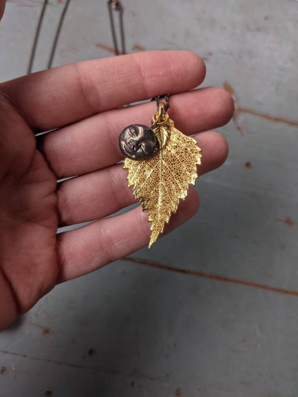 Handmade Polymer Clay Full Dark Moon Face and Skeleton Leaf Pendant - Etsy