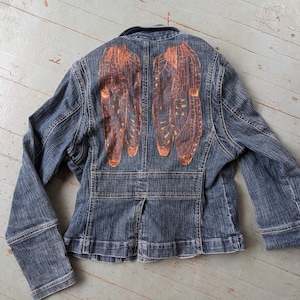 Upcycled denim blazer jacket with copper dragonfly wings